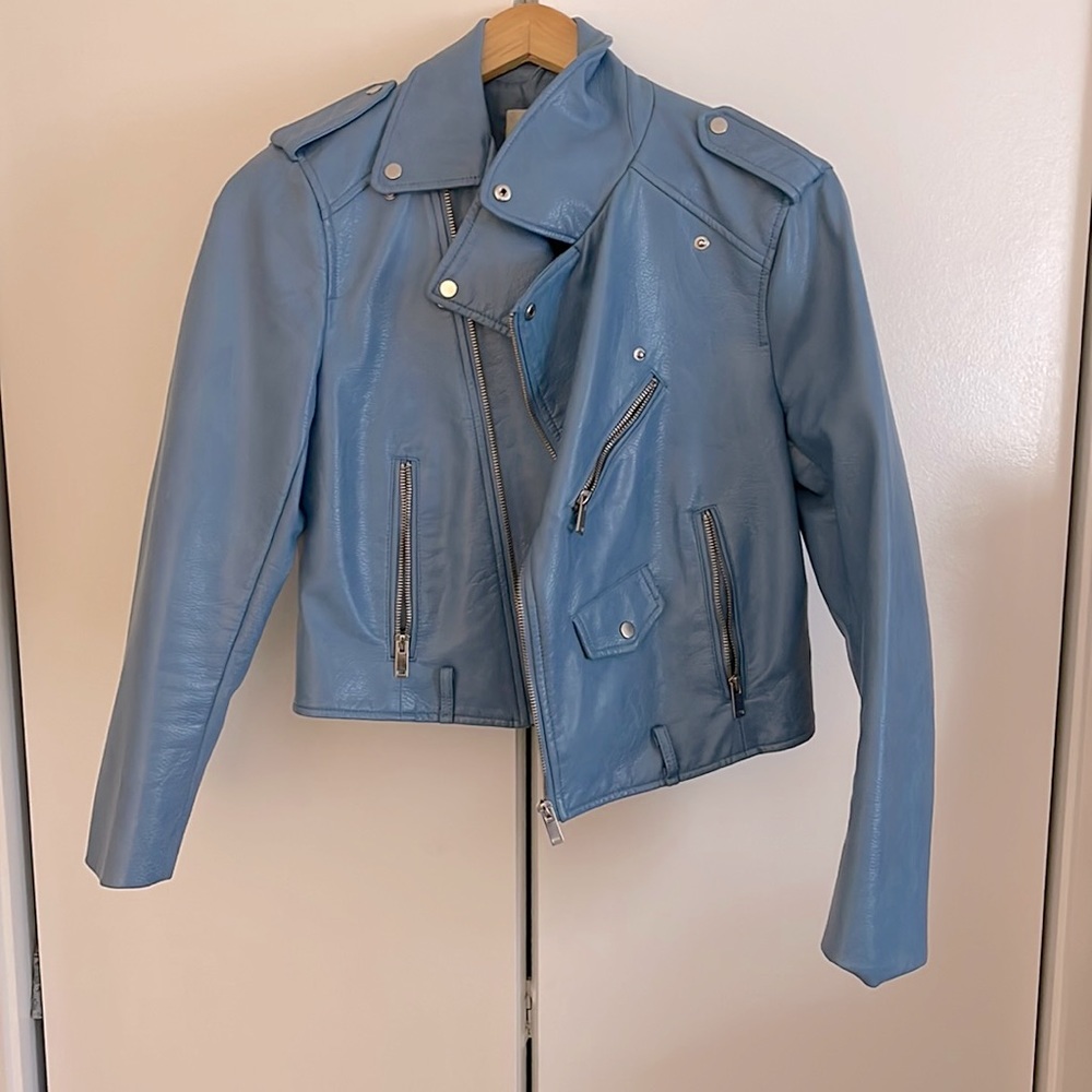 Zara Faux Leather blue bomber Jacket size large
